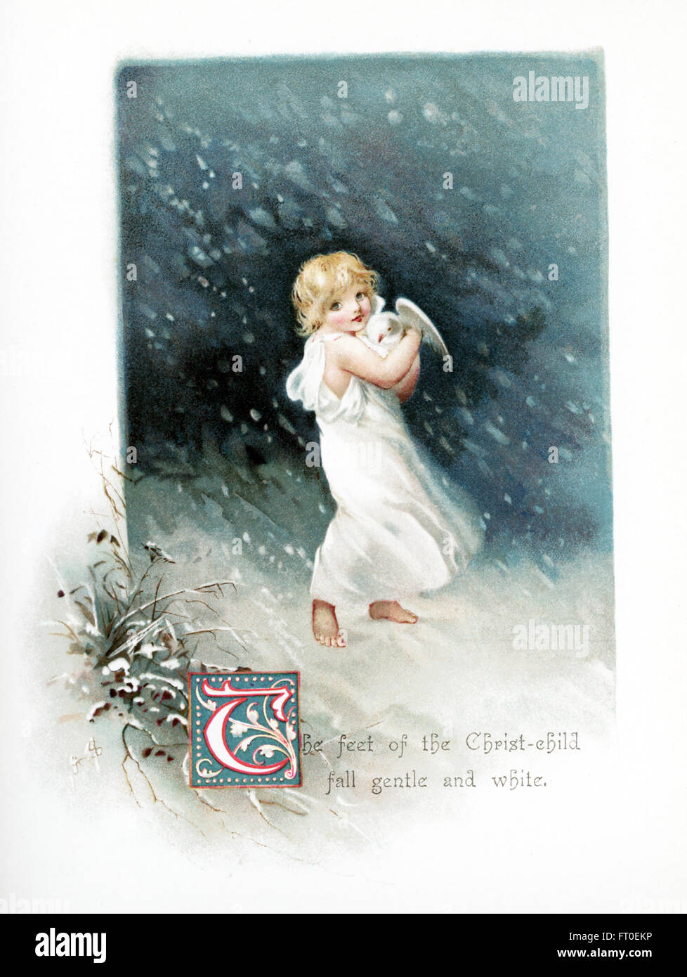 La didascalia per questa illustrazione si legge: i piedi del Cristo Bambino autunno mite e bianco. Qui un angelo porta una colomba. La scena è in inverno e accompagnato Phillips Brooks le poesie. Brooks è stato un ministro vescovili a Boston nel tardo Ottocento. Foto Stock