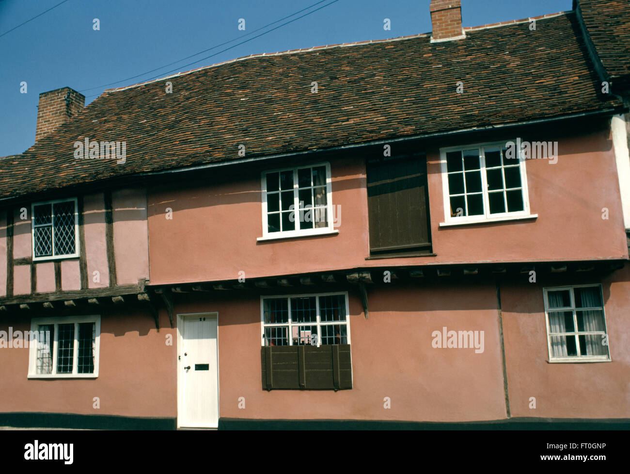 Esterno di un tradizionale dipinto di rosa Suffolk House con un bianco dello sportello anteriore e metà in legno tapparelle su una finestra Foto Stock