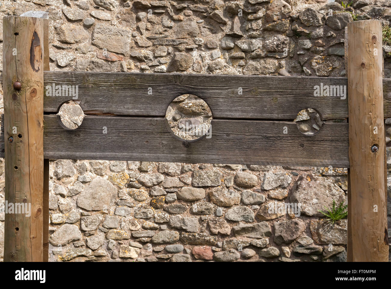 Villaggio gogna o una forma medievale di punizione fisica che coinvolgono l'umiliazione pubblica al di fuori del castello di Whittington Shropshire Inghilterra Foto Stock