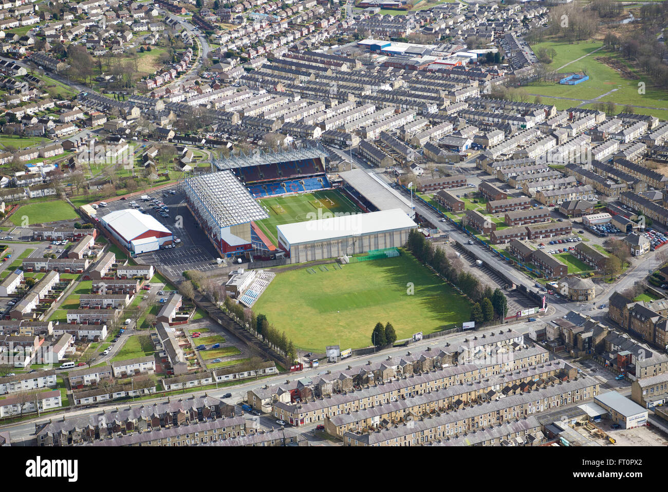 Turf Moor, casa di Burnley FC, dall'aria, North West England, Regno Unito Foto Stock
