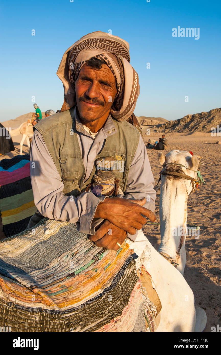 Guida di cammelli in un villaggio beduino nel deserto orientale, Hurghada, Mar Rosso, Egitto Foto Stock