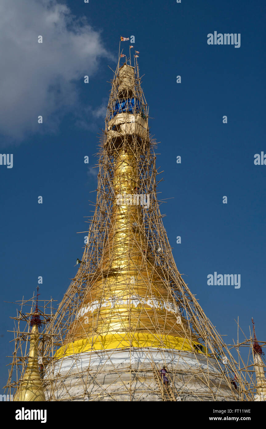 Pagoda con impalcature di bambù in un tempio di Pindaya, Stato Shan, MYANMAR Birmania Foto Stock