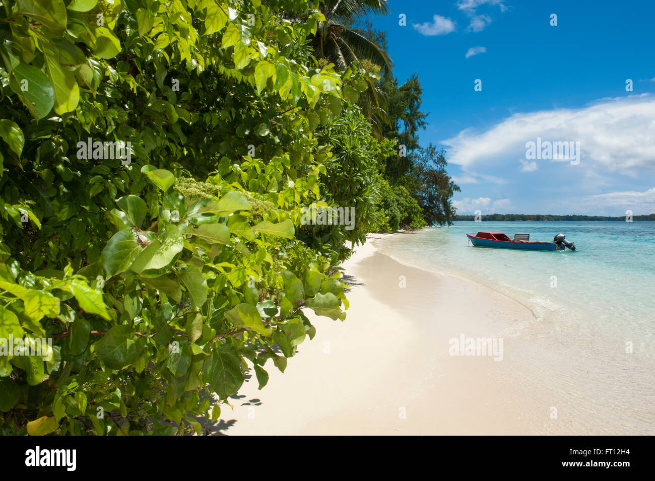 Barca da pesca su una spiaggia tropicale, Onua isola, Provincia Makira, Isole Salomone, Sud Pacifico Foto Stock