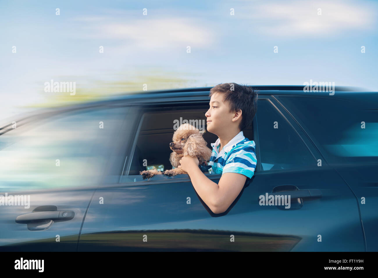 Famiglia viaggio in auto con un ragazzo e il suo cane guardando fuori dalla finestra Foto Stock