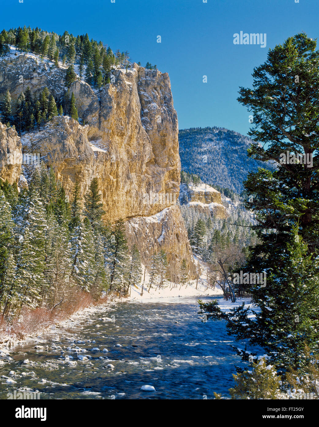 neve invernale lungo il fiume gallatin in un canyon vicino alla porta di gallatin, montana Foto Stock