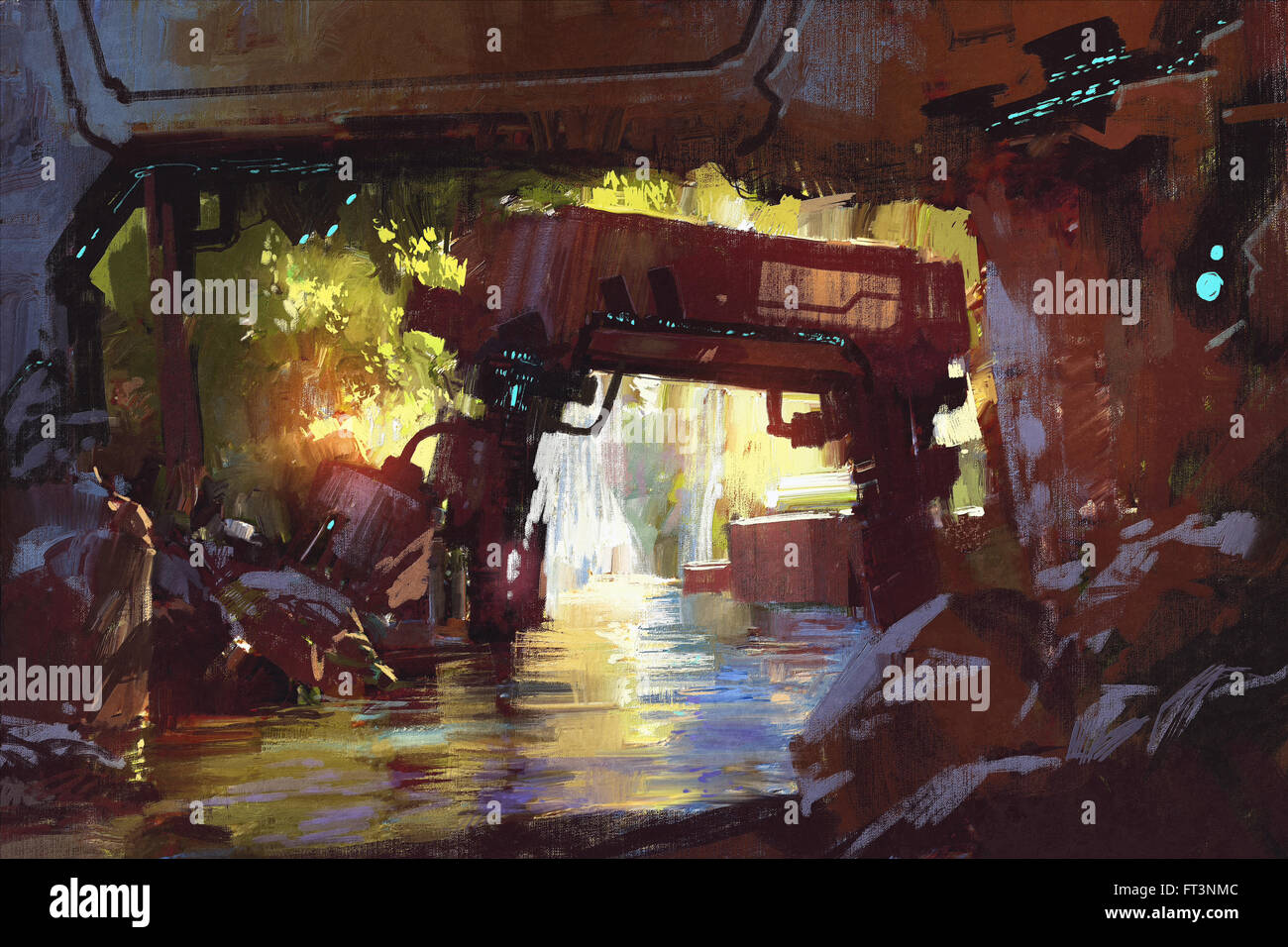 Foresta futuristico,la vecchia macchina in deep forest waterfall Foto Stock