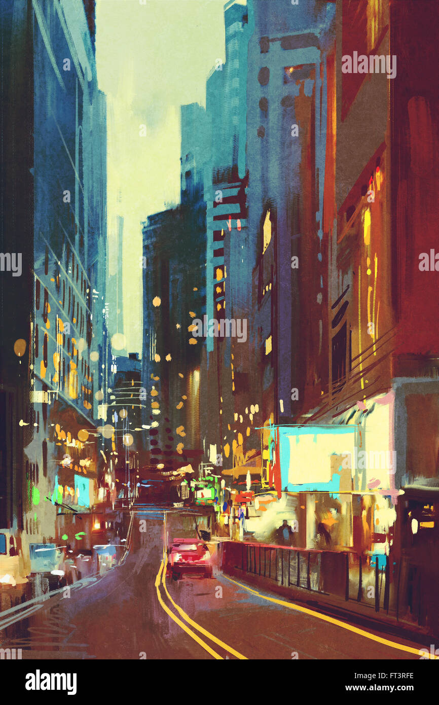 La pittura di street nella città moderna con luce colorata a sera Foto Stock