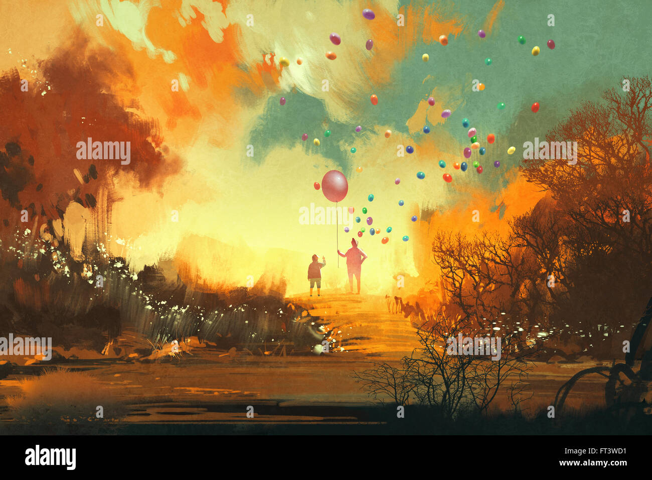 Ragazzo mago e tenendo il palloncino in piedi su un sentiero di terra della fantasia, illustrazione Foto Stock