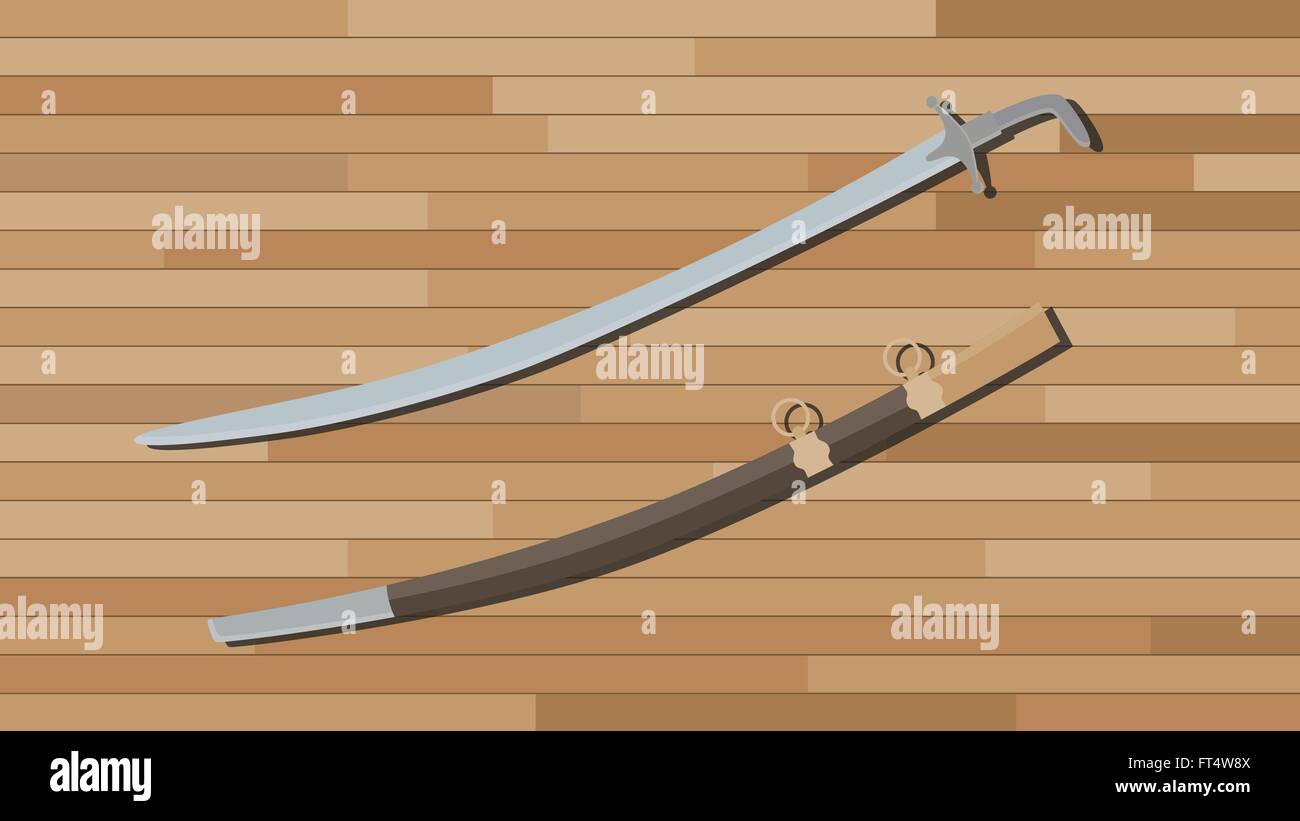 Arabian spada con legno di sfondo della tabella Illustrazione Vettoriale