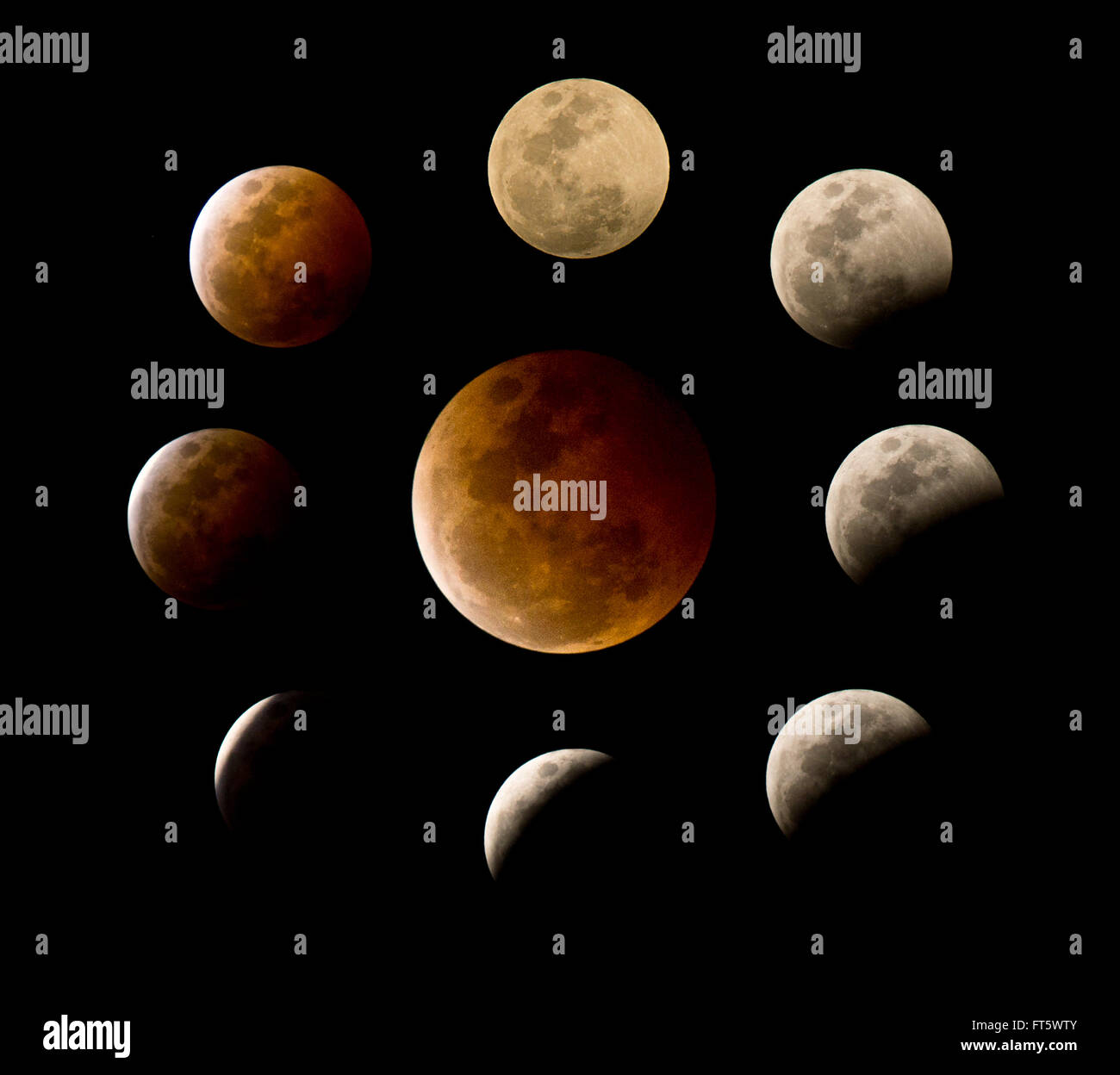 Molte fasi della eclissi lunare totale o di sangue luna Foto Stock