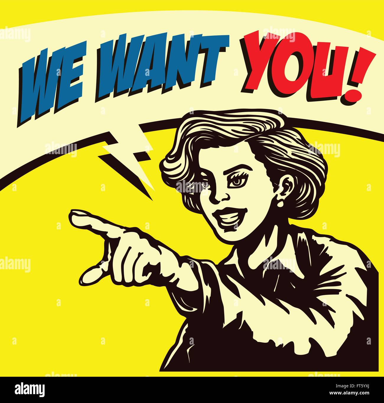 Voglio che voi! Imprenditrice retrò con puntando finger picking candidato per il posto di lavoro vacante, stiamo assumendo sign in stile fumetto vecto Illustrazione Vettoriale