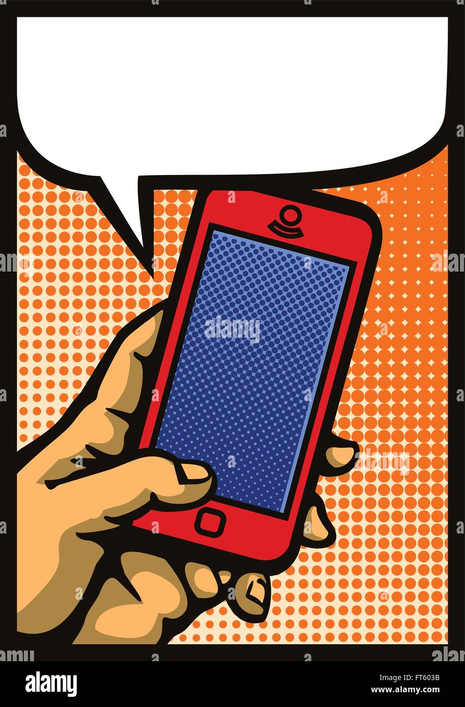 La Pop art style mano azienda smartphone, fumetto telefono cellulare illustrazione vettoriale Illustrazione Vettoriale