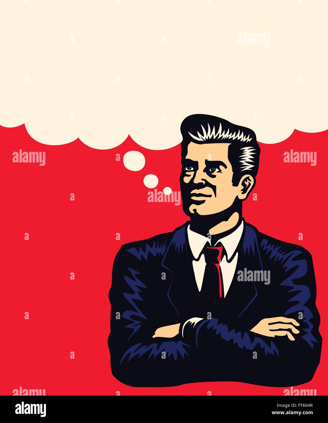 Imprenditore retrò di pensare con le braccia incrociate, immaginare, pianificazione della strategia di business con stile fumetto discorso bolla il vettore Illustrazione Vettoriale