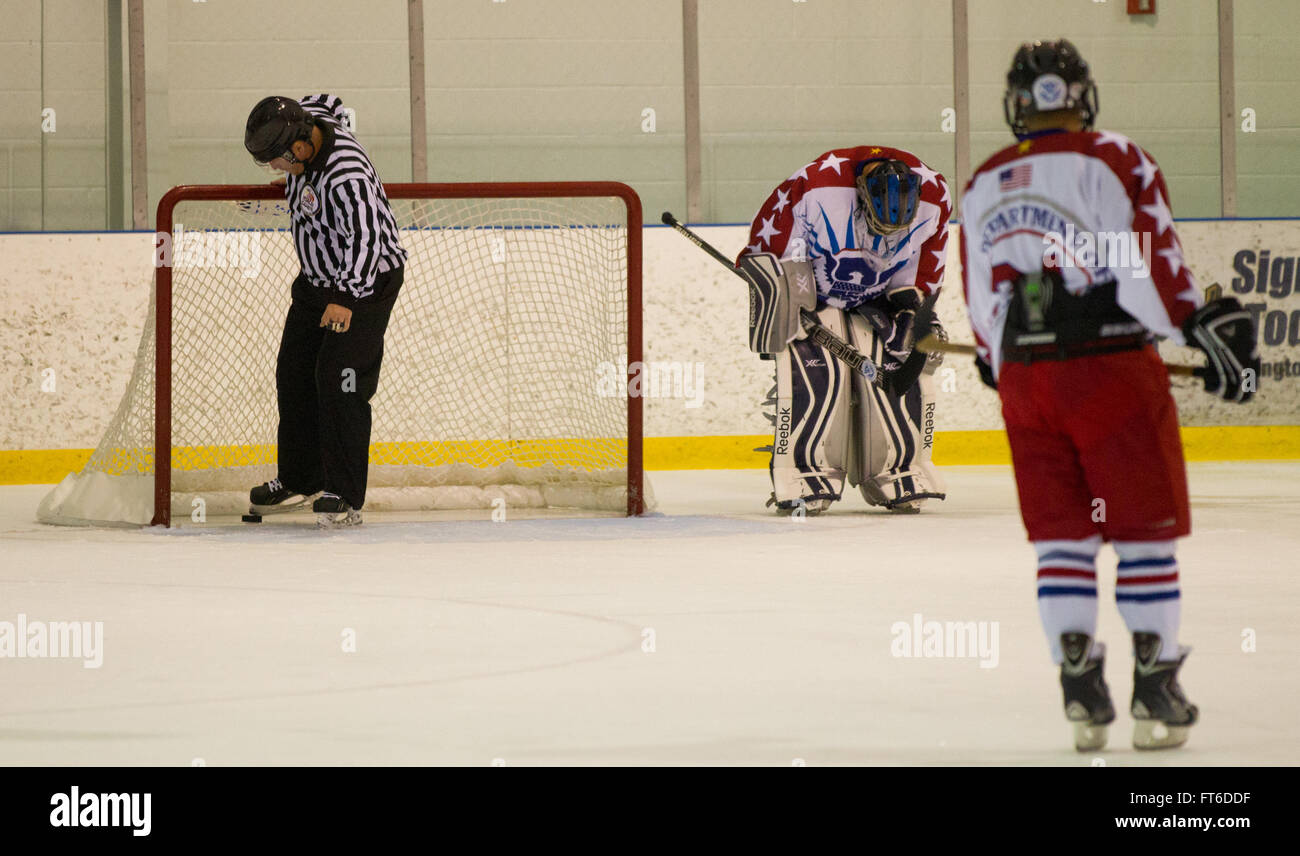 Il CBP/ice hockey team sconfigge Homeland Security la squadra di hockey di 4-2 nel primo round del Mondiale di polizia e dei Vigili del Fuoco giochi essendo mantenuto in Reston Virginia il 27 giugno 2015. I giochi di attirare oltre 10.000 partecipanti al concorso. Foto di James Tourtellotte Foto Stock