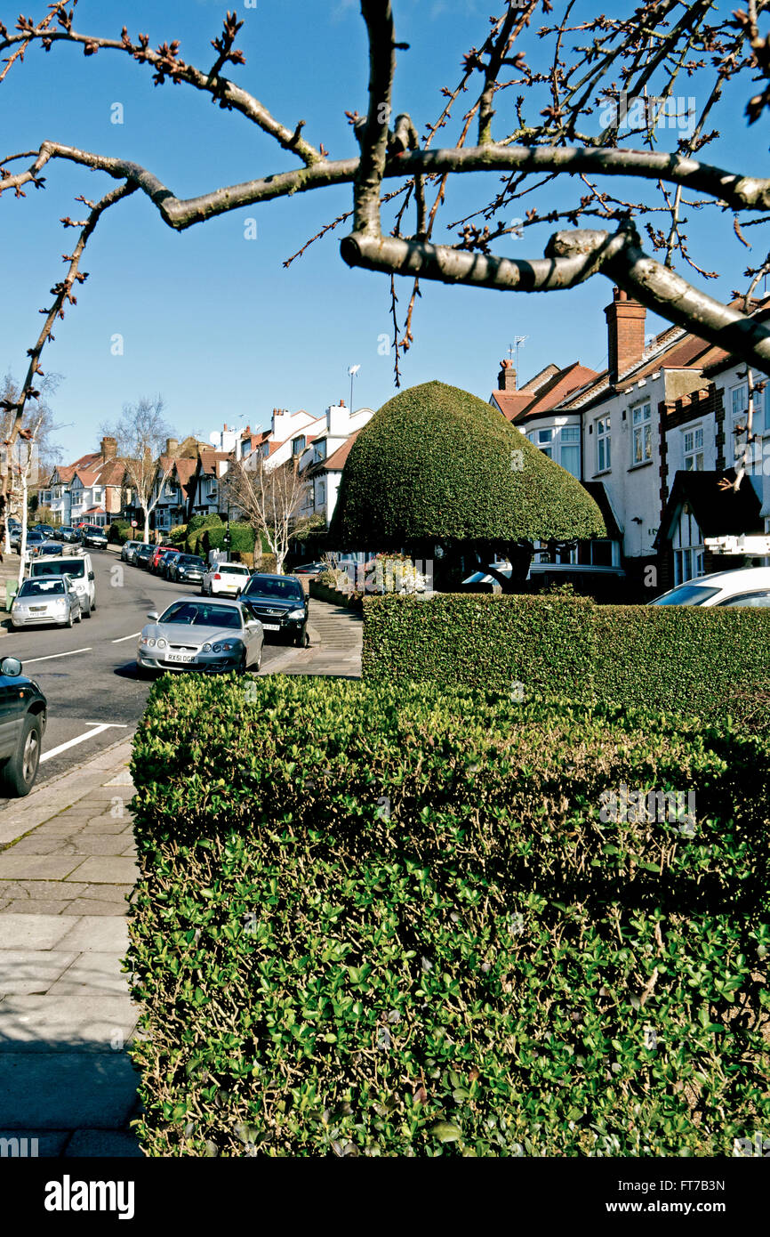Un suburban London Road a Londra del nord Foto Stock