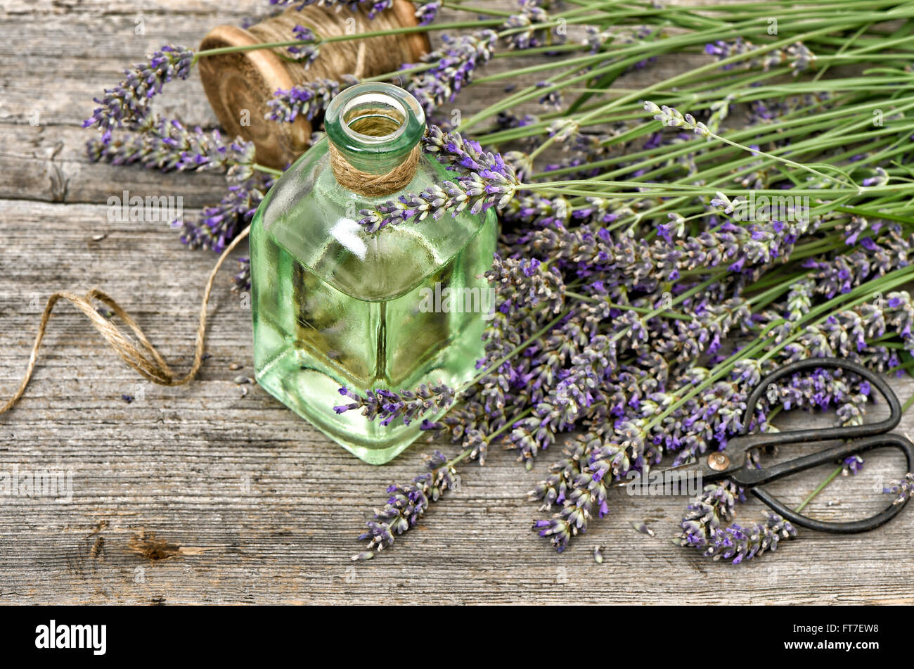 Herbal olio di lavanda con fiori freschi bouquet. Medicina alternativa nozione Foto Stock