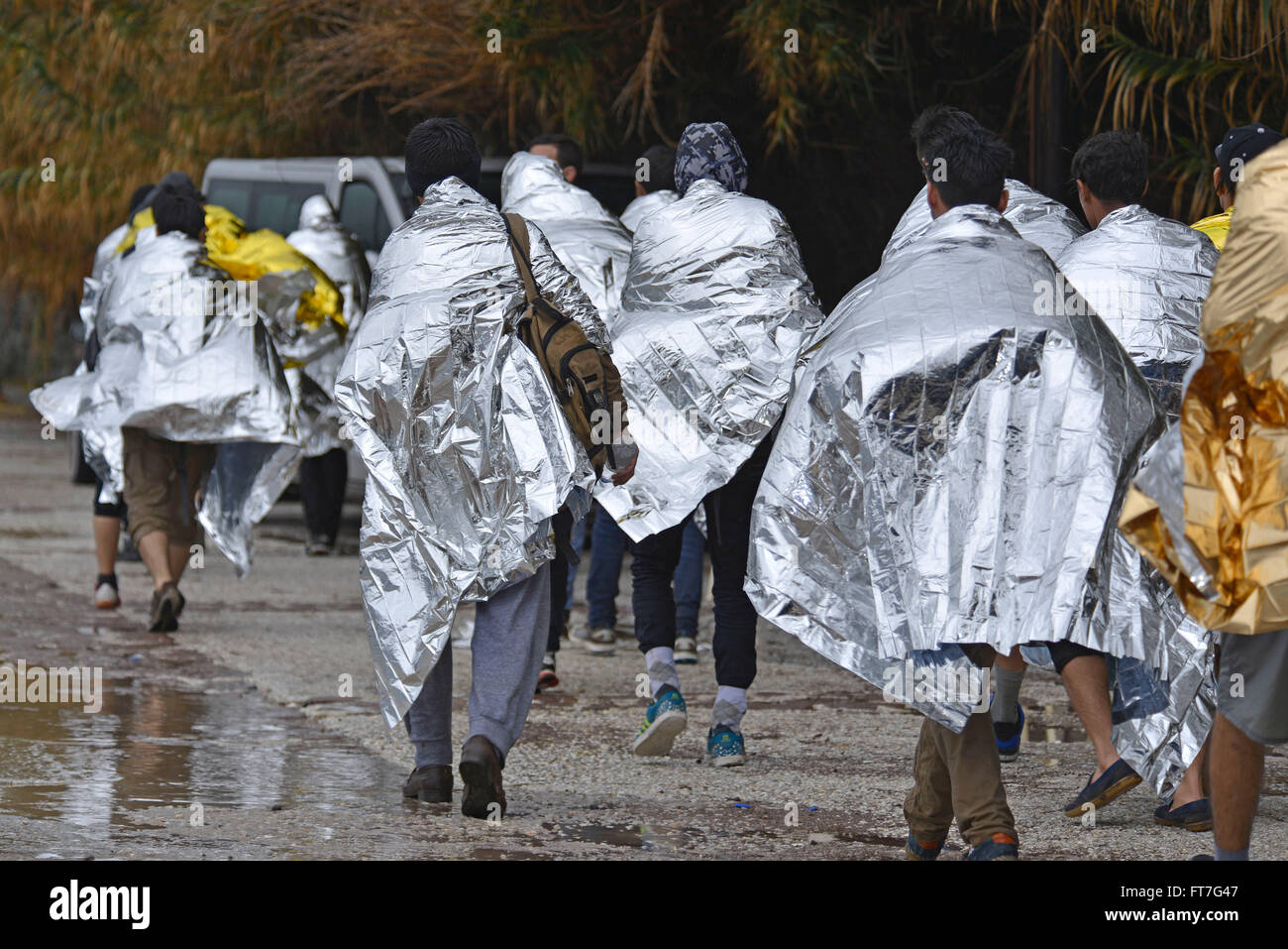 Lesbo, Grecia- Ottobre 22, 2015. Rifugiati e migranti arrivati a Lesbo in gommoni barche, rimangono nei campi profughi wai Foto Stock