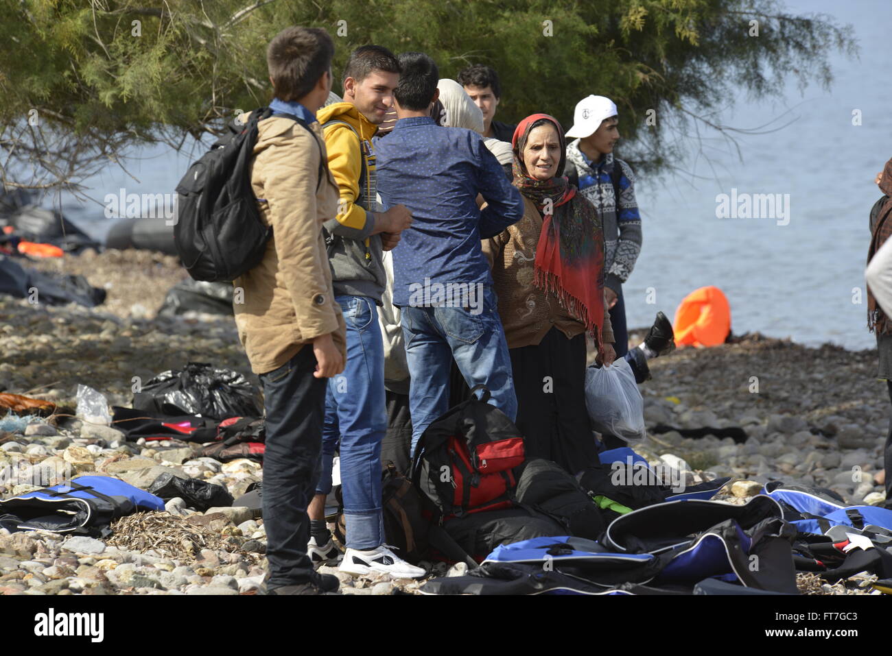 Lesbo, Grecia- Ottobre 12, 2015, 2015. Rifugiati e migranti arrivati a Lesbo in gommoni barche, rimangono nella camma di rifugiato Foto Stock