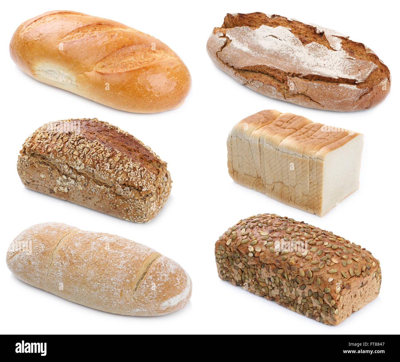 Raccolta di pane pane grani interi isolati su uno sfondo bianco panificio Foto Stock