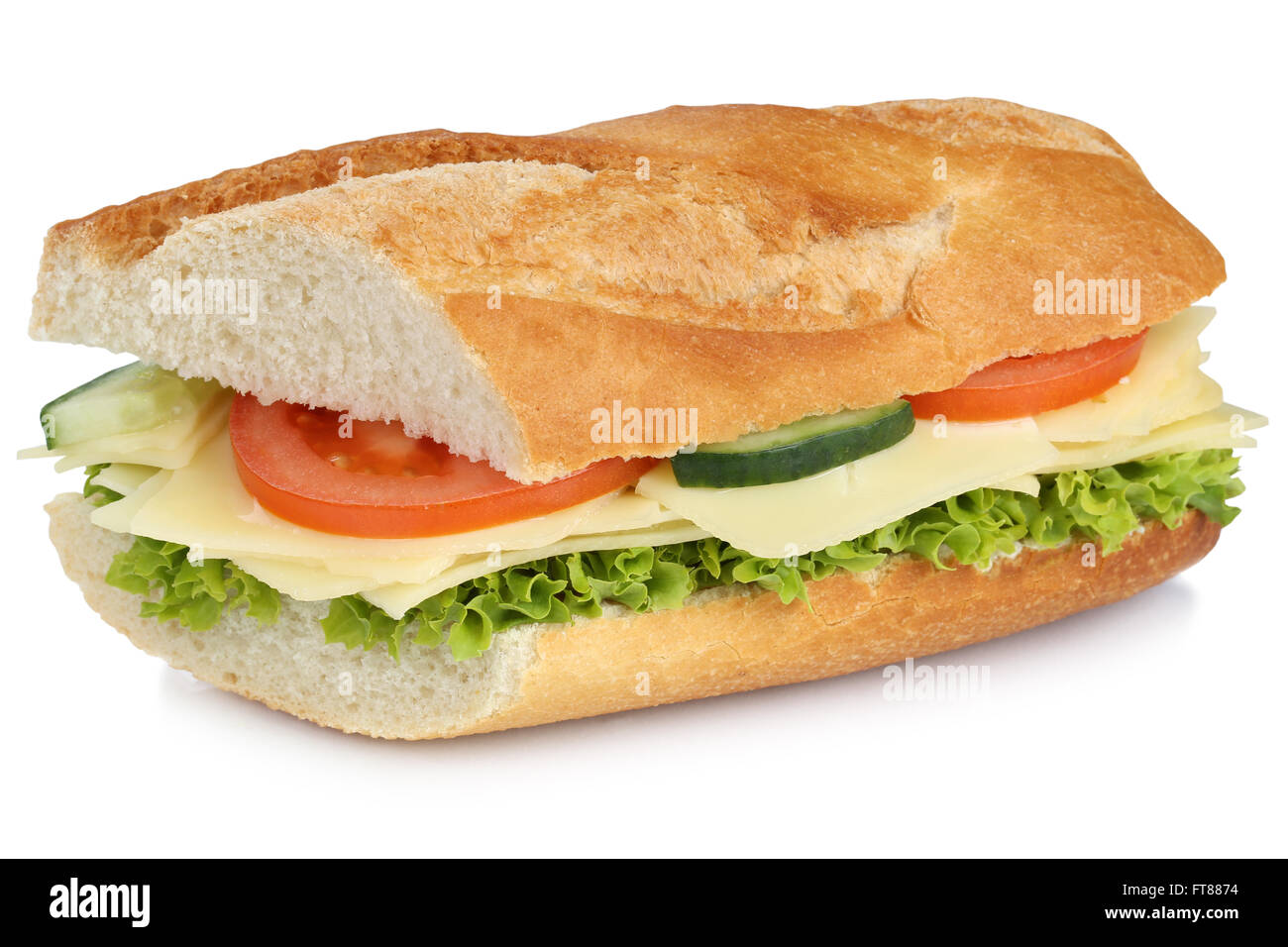 Sub baguette sandwich con formaggio, pomodori e lattuga per colazione isolato su uno sfondo bianco Foto Stock