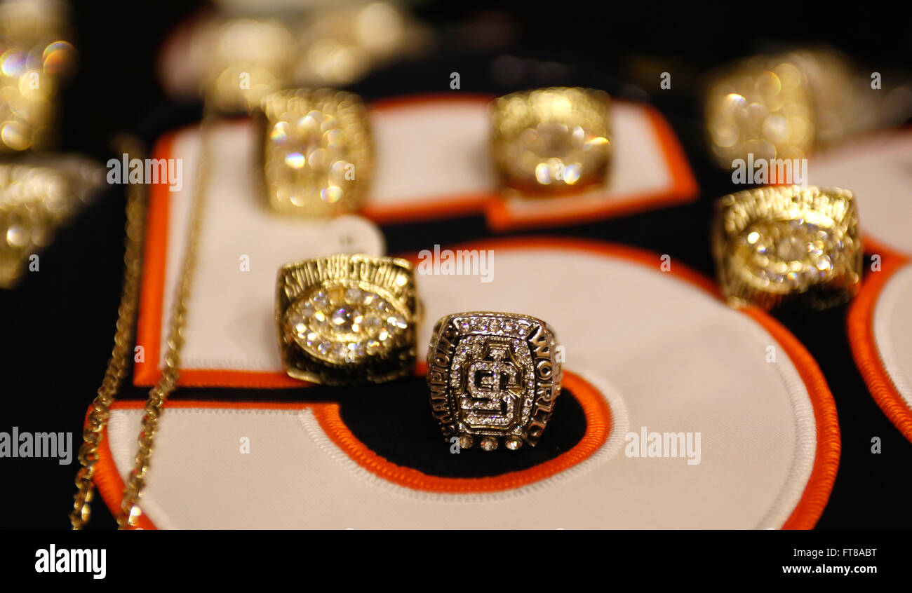 Confiscato materiale contraffatto del Super Bowl 50 esposto da funzionari della dogana e della protezione delle frontiere e DEL GHIACCIO durante una conferenza stampa del 2016 a San Francisco. Le autorità hanno sequestrato 39 milioni di dollari in finte maglie, cappelli, gioielli e biglietti per le partite come parte dell'Operation Team Player. Foto Stock