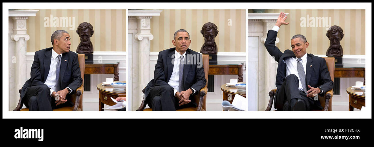 Questa fotografia ufficiale della Casa Bianca cattura la reazione iniziale del presidente Obama dopo aver sentito la sentenza della Corte Suprema che ha affermato le sovvenzioni del Affordable Care Act il 25 giugno 2015. L'immagine è stata scattata durante un briefing giornaliero di intelligence dal fotografo Pete Souza. Foto Stock