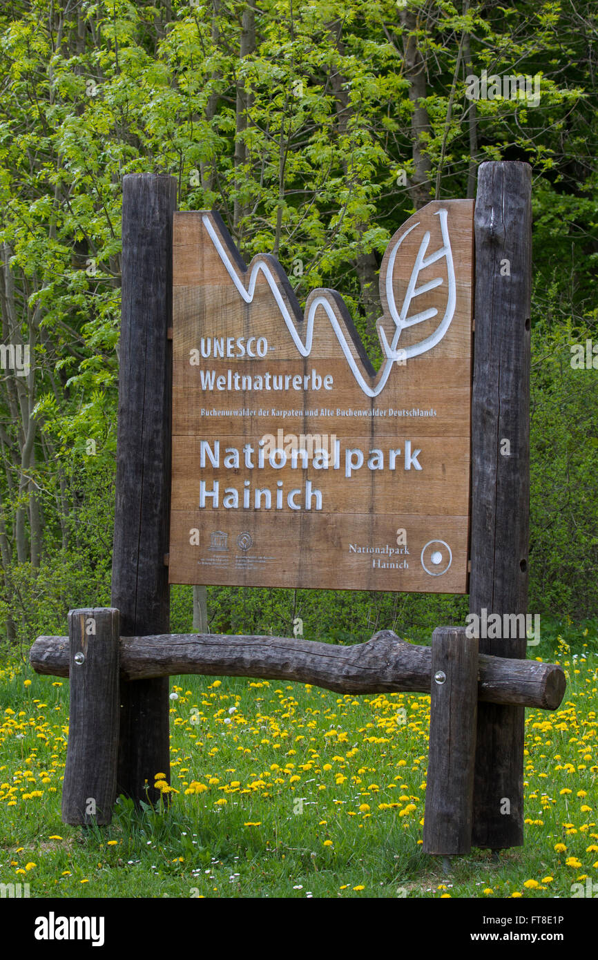 Segno di ingresso del Parco Nazionale Hainich / Nationalpark Hainich, Turingia / Thüringen, Germania Foto Stock