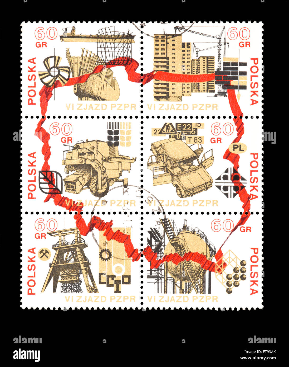 I francobolli dalla Polonia che ritraggono varie attività del lavoratore (sesto congresso dell'operaio polacco del partito) Foto Stock
