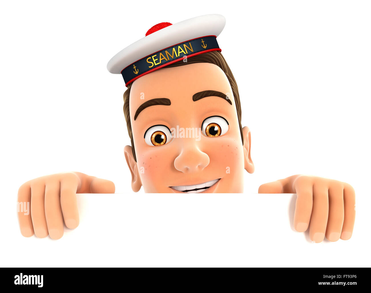 3d marinaio nascondendo dietro il muro bianco, isolato sfondo bianco Foto Stock