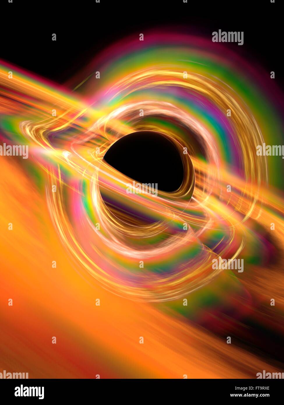 Foro nero in computer grafica che rappresenta un buco nero un buco nero è un super- oggetto ultradenso pensato per formare dal collasso Foto Stock