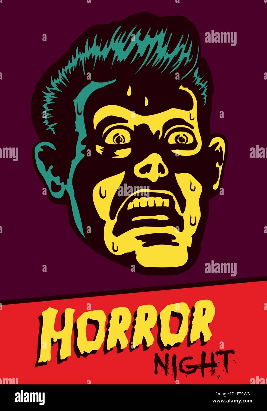 Orrore notte! Festa di Halloween o una serata di cinema in caso flyer design vettoriali con terrore vintage uomo faccia distratti con la paura Illustrazione Vettoriale