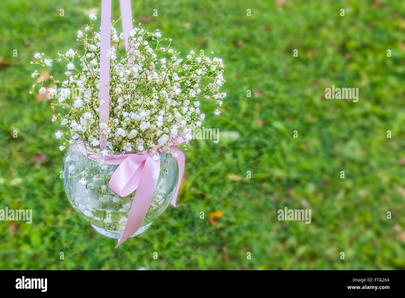 Baby's soffio decorazioni per matrimoni in appeso un vaso di vetro. Foto Stock