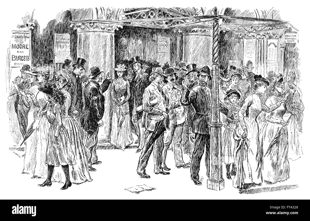 In bianco e nero di incisione Victorians lasciando St. James's Hall, Piccadilly, Londra dopo un concerto pomeridiano. Foto Stock