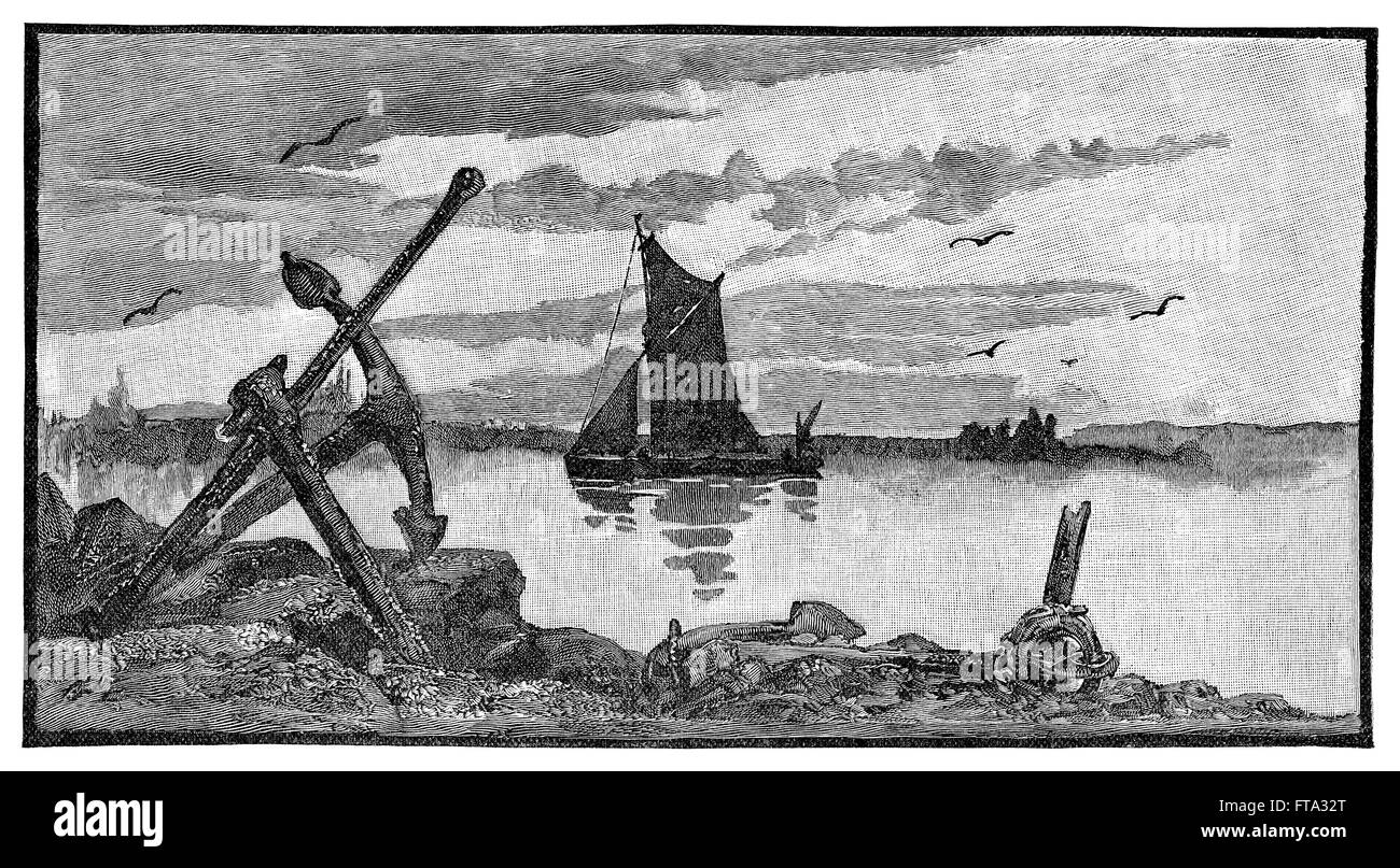 Bianco e nero incisione di una scena di fiume con una chiatta a vela. Foto Stock