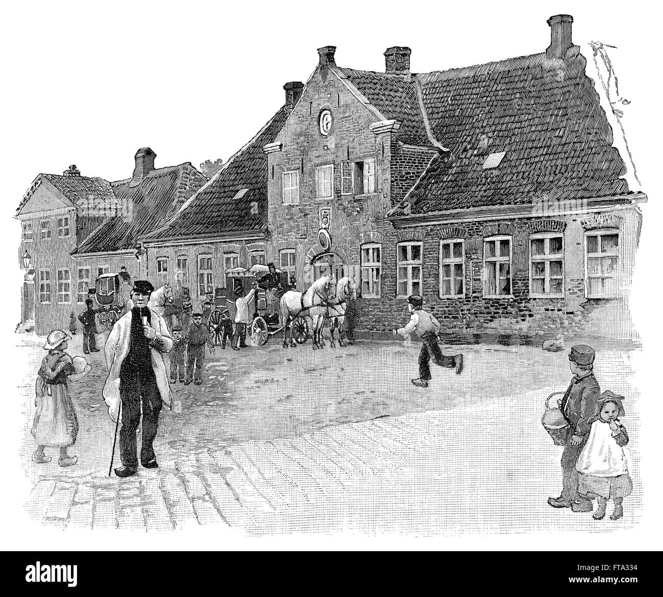 Bianco e nero incisione di un allenatore di posta al di fuori di un ufficio postale in Ribe, Danimarca. Foto Stock