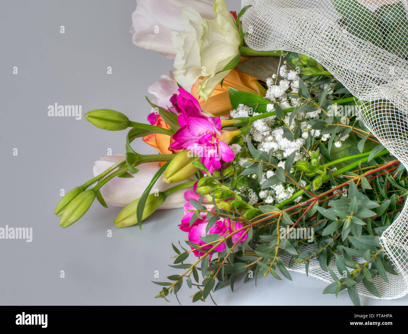 Omaggi floreali su grigio. Foto Stock