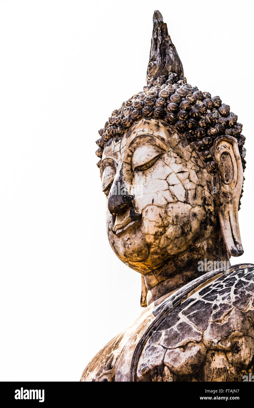 Il Buddha Sorridente Close-Up statua di pietra, Sukhothai, Patrimonio Mondiale UNESCO sito del tempio, antico regno del Siam, Thailandia, Asia Foto Stock