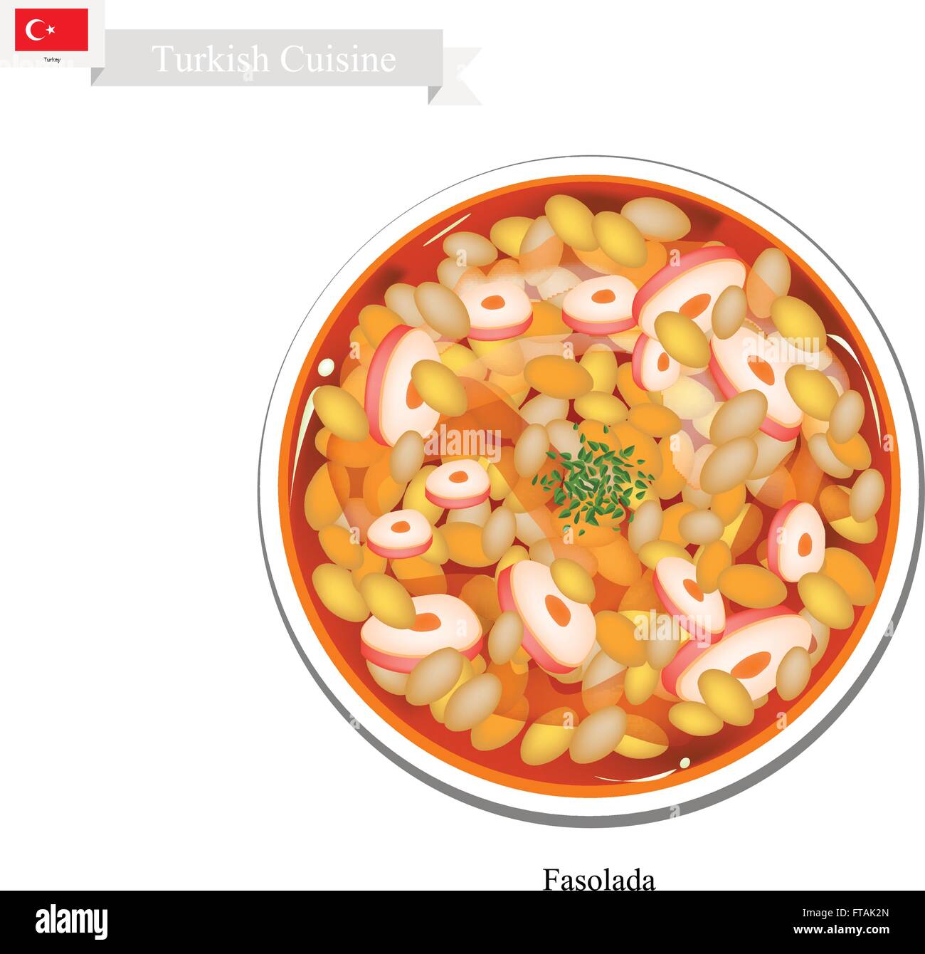 La cucina turca, Fasolada o la minestra di fagioli fatta con Fagioli Cannellini, olio di oliva e le verdure. Uno di piatto più popolare in Turchia. Illustrazione Vettoriale