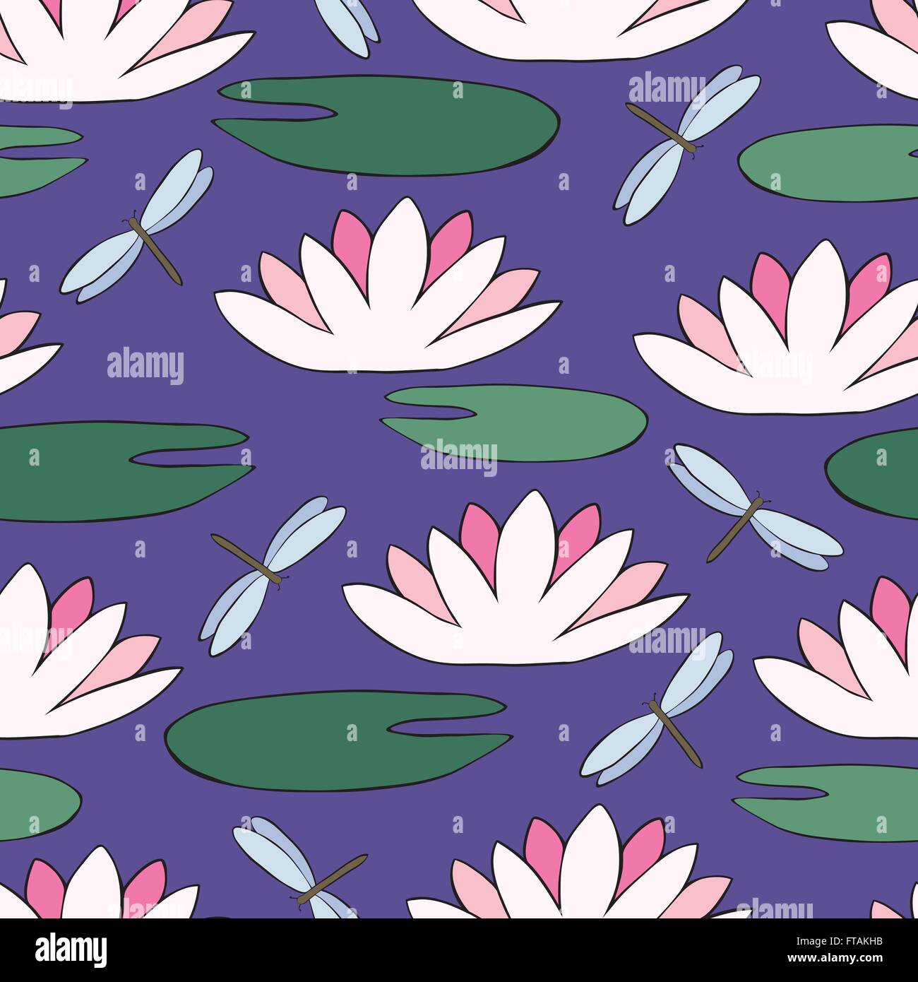 Seamless pattern con un giglio di acqua e libellula Illustrazione Vettoriale