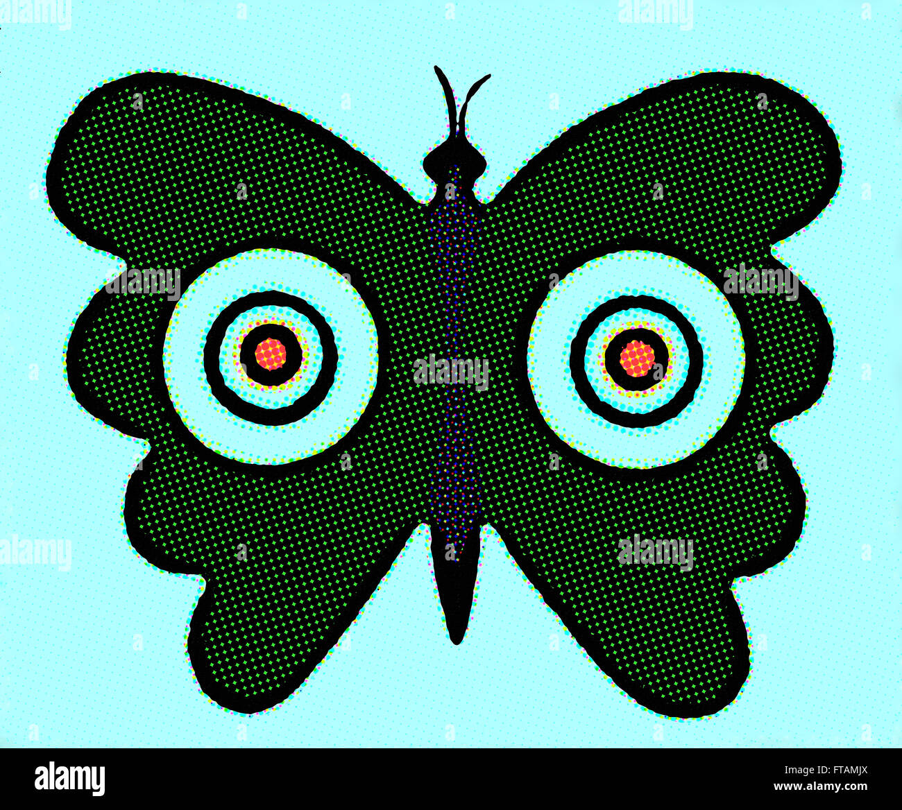Sagoma scura di butterfly con tori occhi simboli di bersaglio in un design contemporaneo illustrazione. Foto Stock