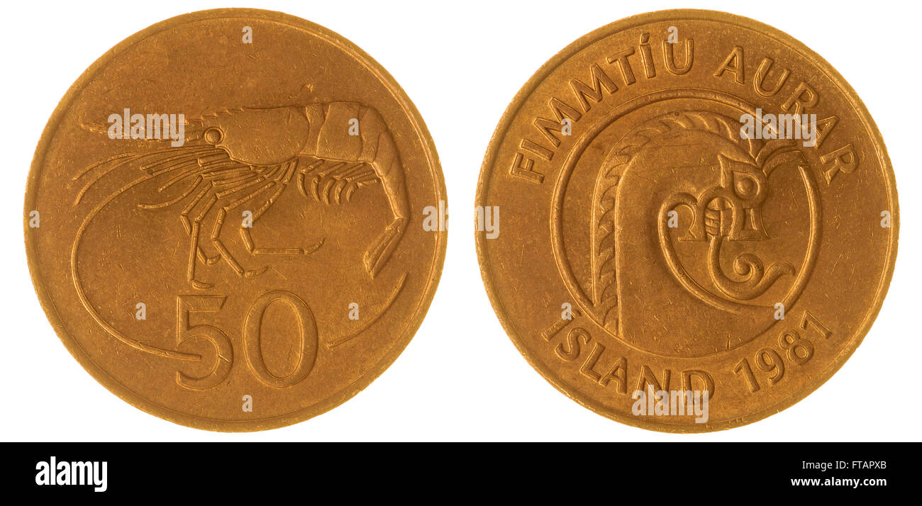 Bronze 50 aurar 1981 coin isolati su sfondo bianco, Islanda Foto Stock