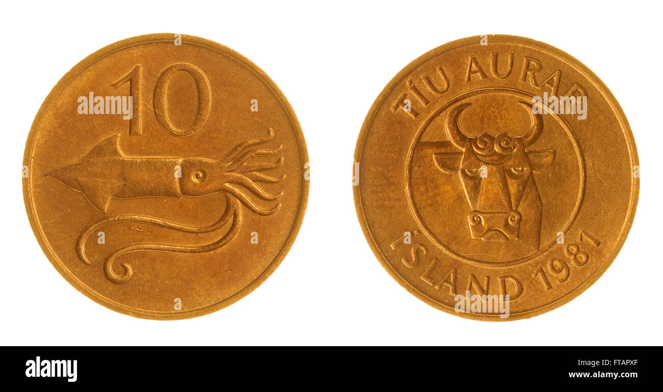 Bronze 10 aurar 1981 coin isolati su sfondo bianco, Islanda Foto Stock