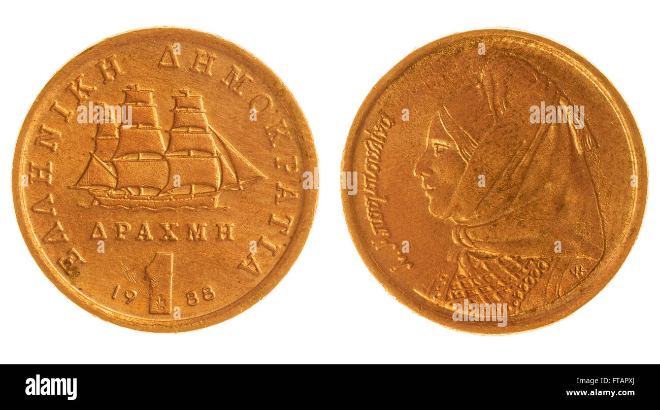 In bronzo 1 dracme 1988 coin isolati su sfondo bianco, Grecia Foto Stock