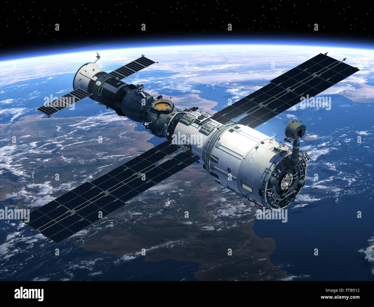 Stazione di spazio e navicelle spaziali. Scena 3d. Foto Stock