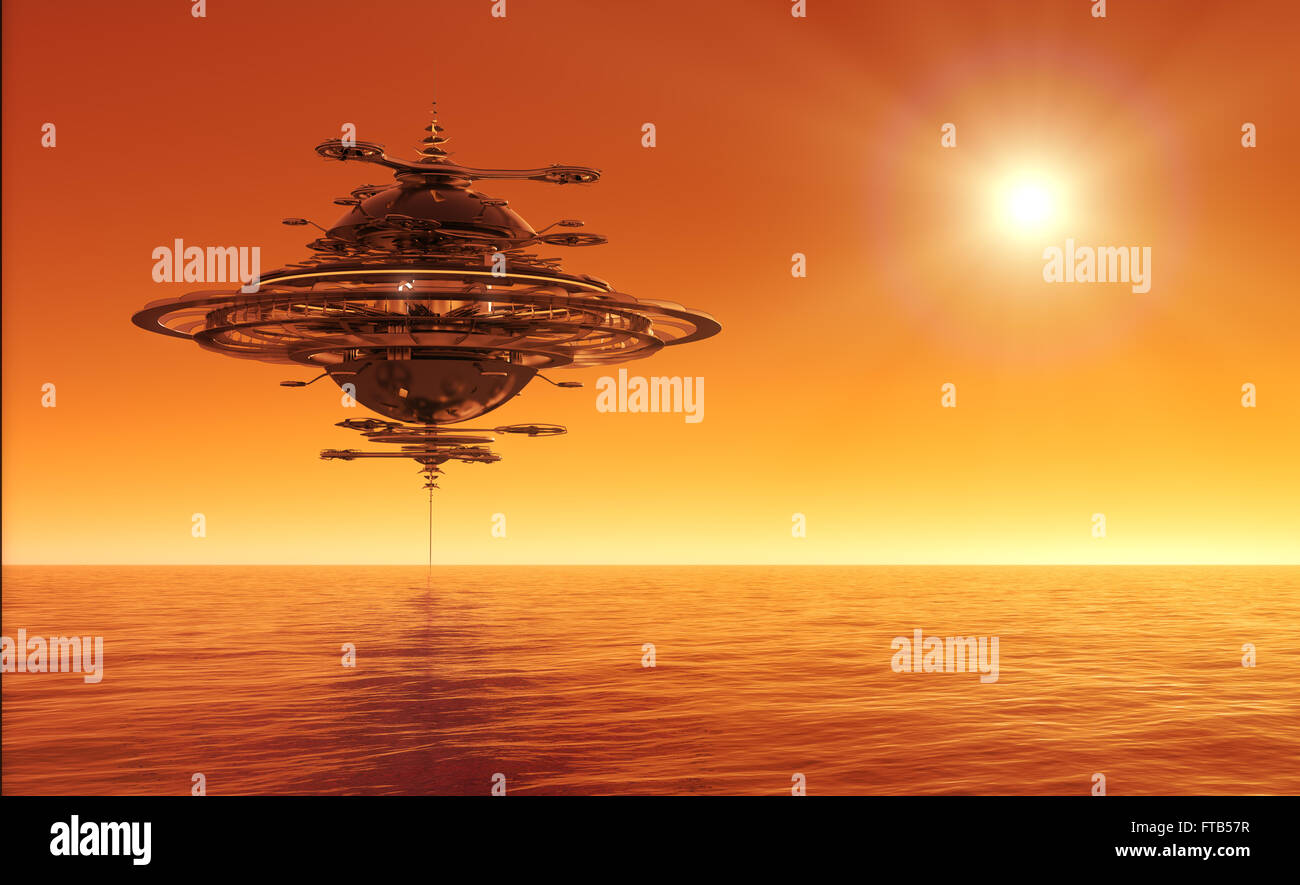 Futuristica stazione sky volare oltre oceano Foto Stock