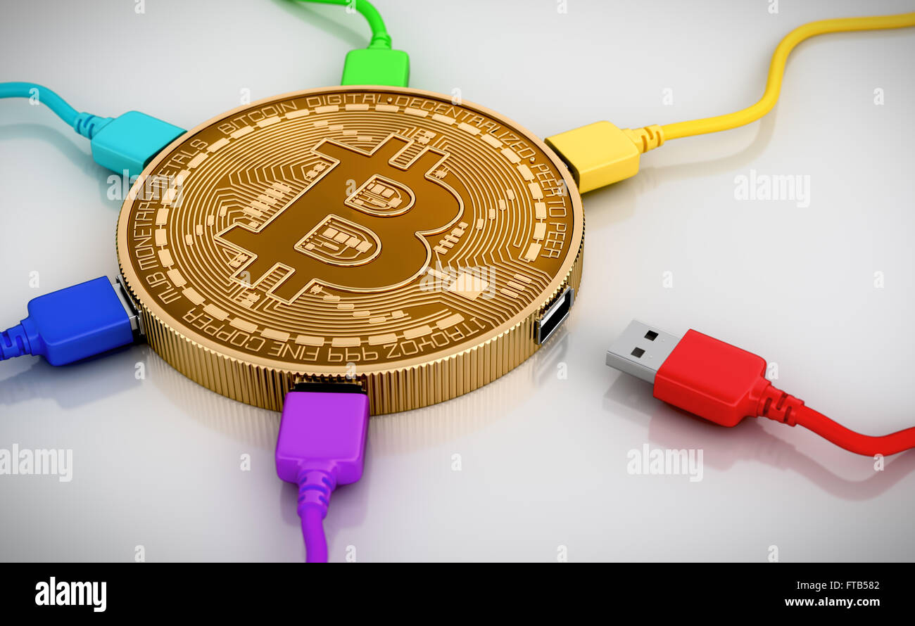 Colore fili USB collegato al Bitcoin Foto Stock
