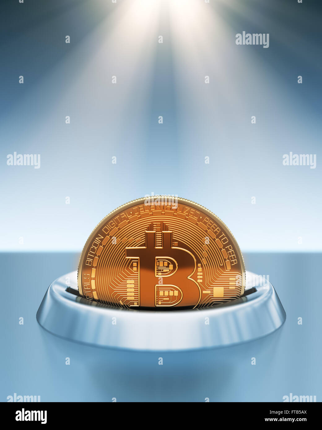 Mettere Bitcoin in moneta in raggi di luce Foto Stock
