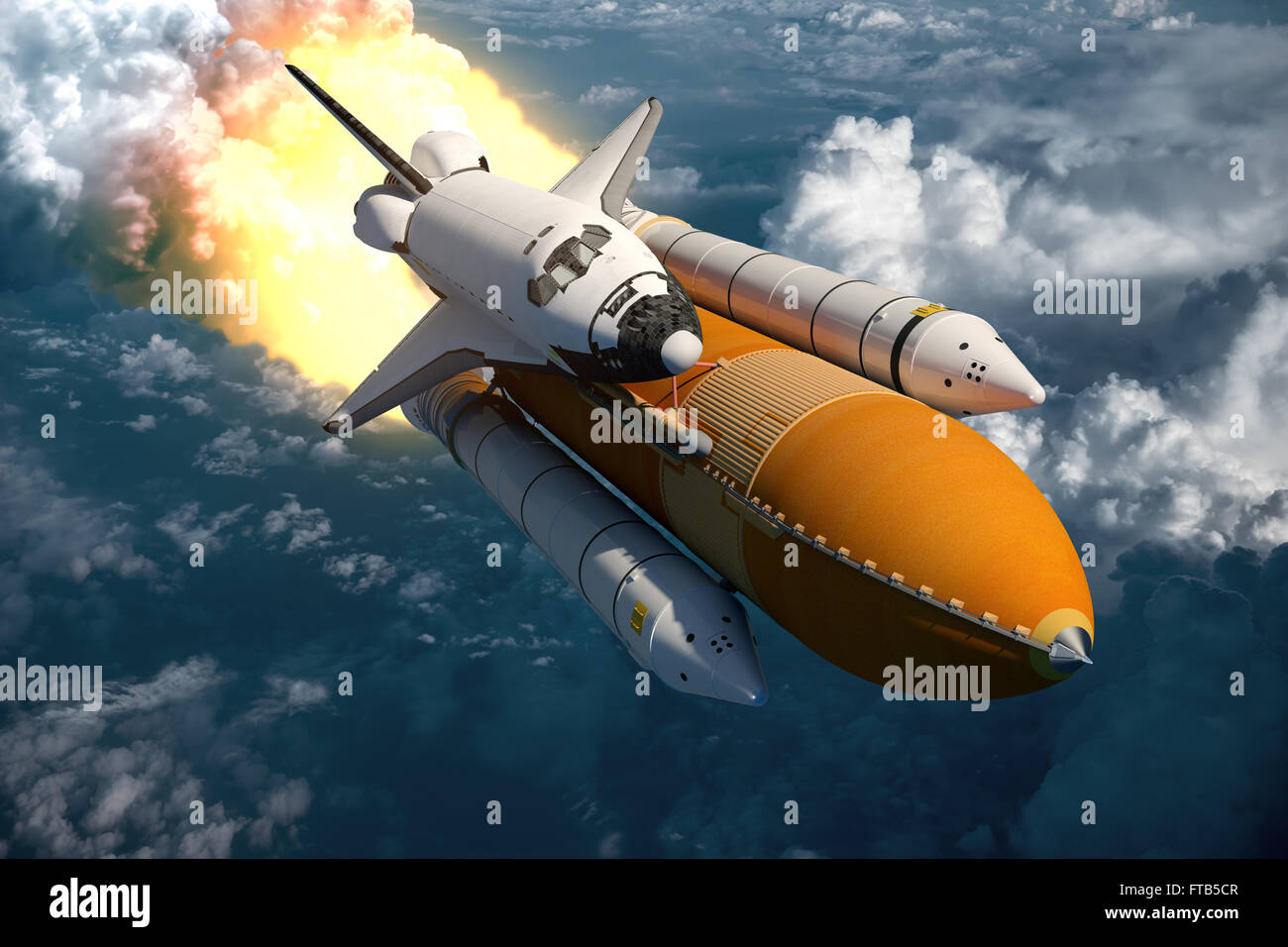 Space Shuttle volare sopra le nuvole. Scena 3d. Foto Stock