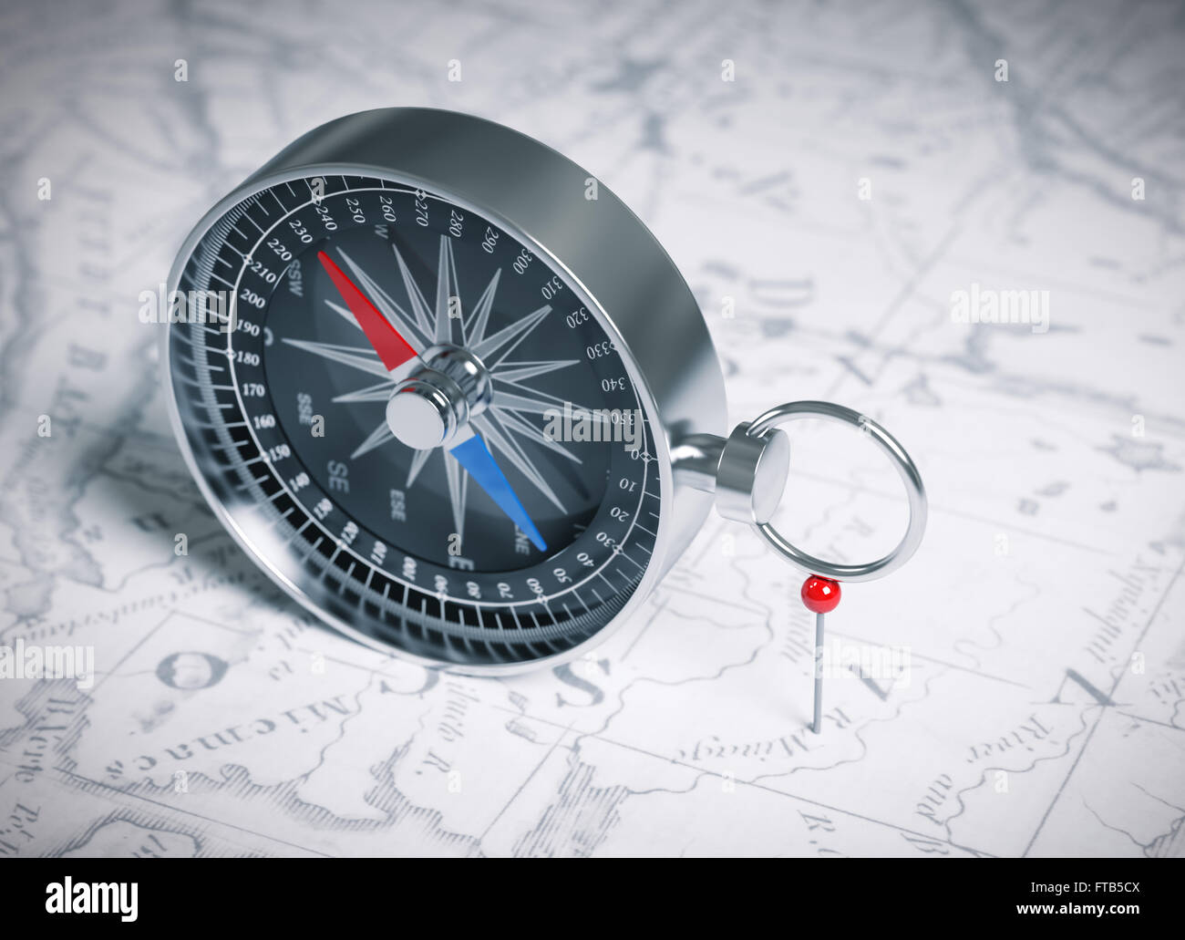 Bussola sulla mappa e perno rosso. Scena 3d. Foto Stock