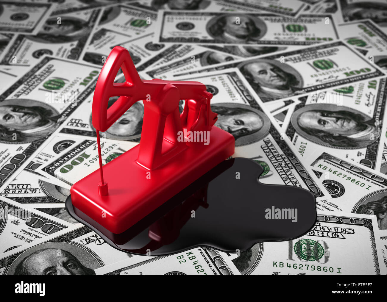 Pumpjack e l'olio fuoriuscito sul denaro. Scena 3d. Foto Stock